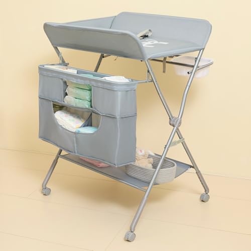 Foldable Baby Changing Table with Wheels, 4-Level Adjustable Height Station