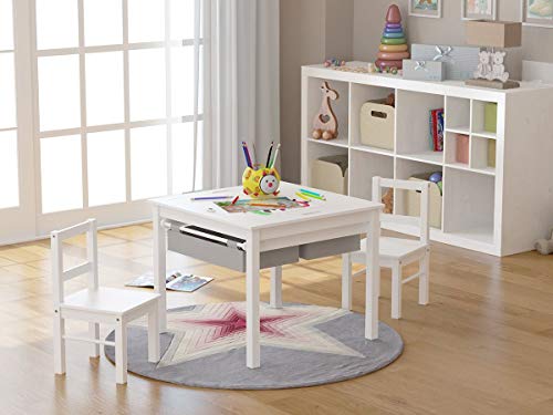 UTEX Kids Construction Play Table & Chairs Set - White with Gray Drawer, 2-in-1 Toddler Activity Table for Building & Creative Play