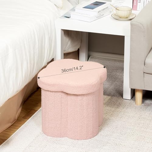 Flower Shaped Storage Ottoman Cube - Faux Teddy Fur Footstool (Pink, 12.6")