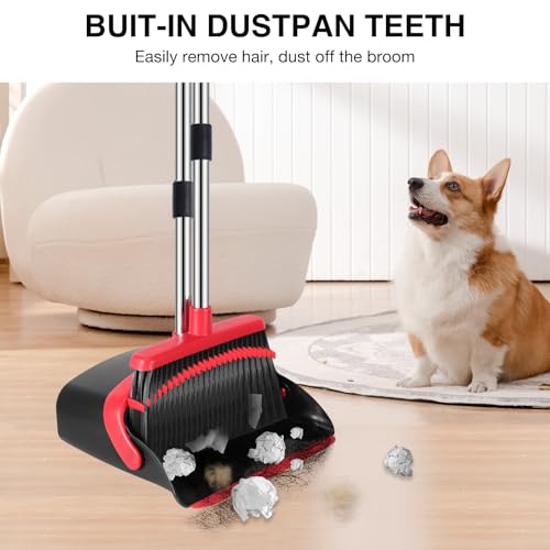 Broom and Dustpan Set with 52-Inch Long Handle and Built-in Comb Teeth