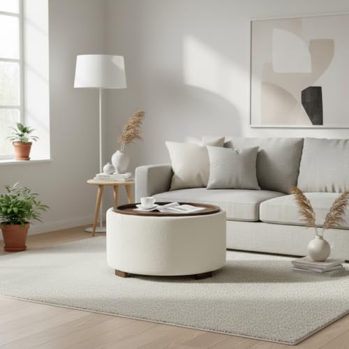 30-Inch Round Boucle Storage Ottoman with Lift-Off Lid - Beige