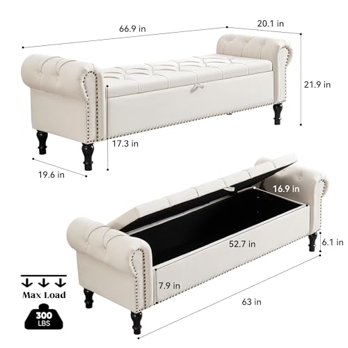 67-Inch Upholstered Storage Bench with Rolled Arms and Button Tufting