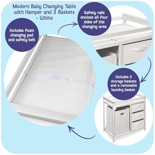 Baby Changing Table with Laundry Hamper and 3 Storage Baskets - White
