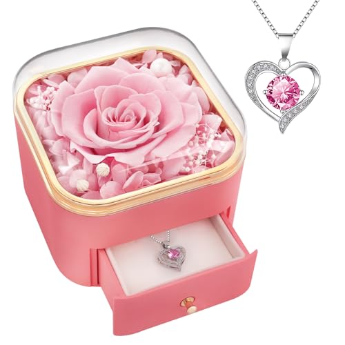 Preserved Real Rose and Heart Necklace Gift Box for Anniversary Birthday