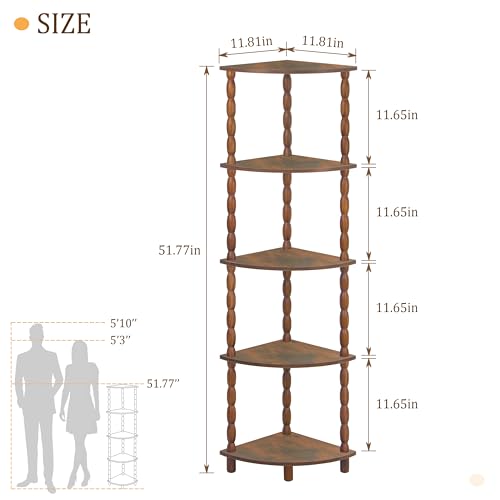 5-Tier Corner Bookshelf, Rustic Brown Wood Storage Display Shelf
