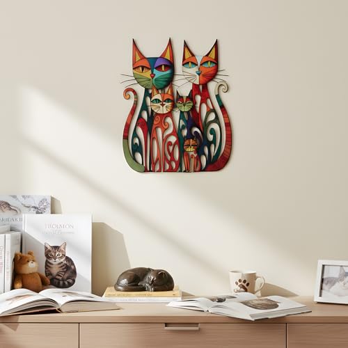 Colorful Metal Cat Wall Art 11x12 Inch Geometric Iron Feline Sculpture