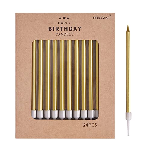 PHD CAKE Gold Long Thin Metallic Birthday Candles with Holders, 24 Pack