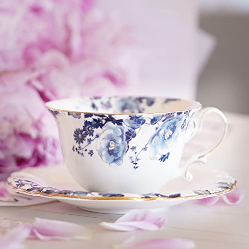 Jomop Blue and White Ceramic Tea Cups & Saucers Set of 4 - Porcelain Coffee & Tea Service