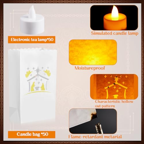 Nativity Christmas Luminary Bags with Flameless LED Candles - 50 Pack