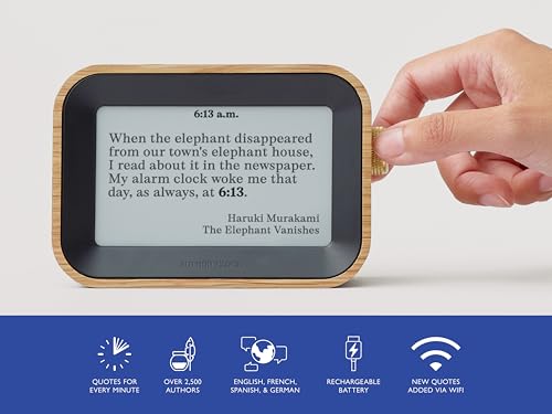 Literary Quote Desk Clock with E-Ink Display, Small Oak Wood Edition