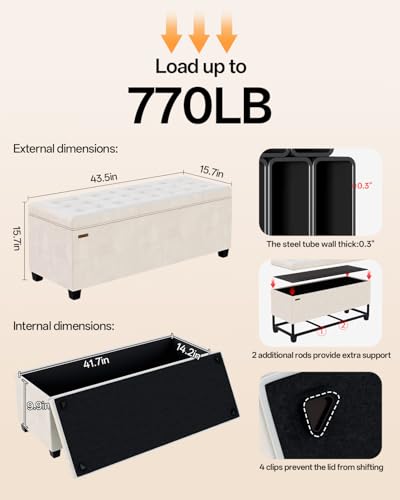 Velvet Storage Ottoman Bench, 43.5-Inch Rectangular Bed Bench with Metal Frame