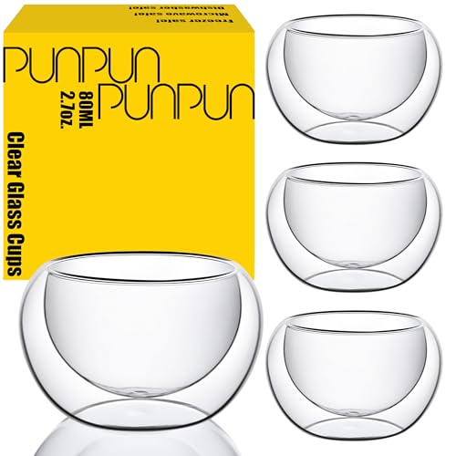 PunPun Double Wall Borosilicate Glass Tea & Espresso Cups Set of 4, 2.7oz / 80ml