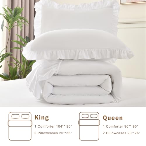 White Ruffle Queen Comforter Set - 3-Piece Shabby Chic Farmhouse Bedding