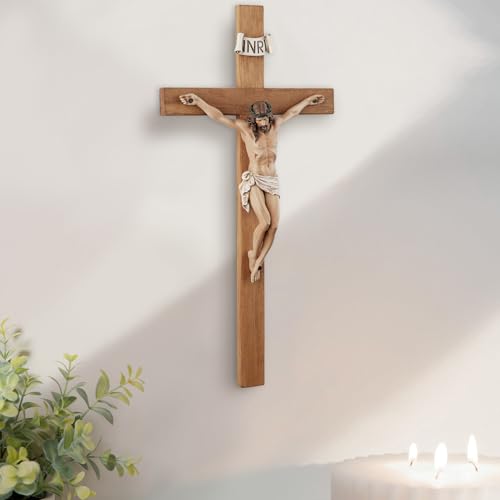 14-Inch Olive Wood Wall Crucifix - Handcrafted Catholic Religious Decor