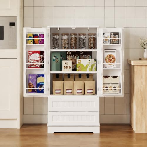 Gizoon 47-Inch White Pantry Cabinet with 2 Drawers & 6 Shelves for Small Spaces