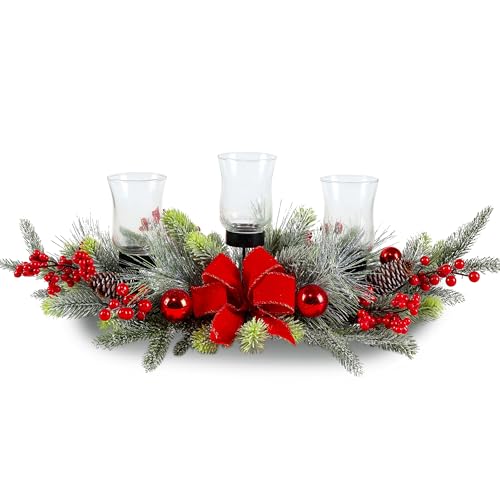 Red Christmas Table Centerpiece with 3 Glass Candle Holders & Berries