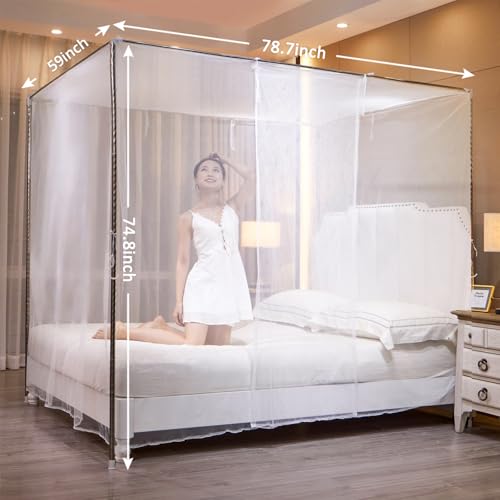 Queen Size White Bed Canopy Mosquito Net - One Side Opening Mesh Curtain