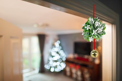 Hanging Mistletoe Kissing Ball Ornament with Bell - 10-Inch Christmas Decor