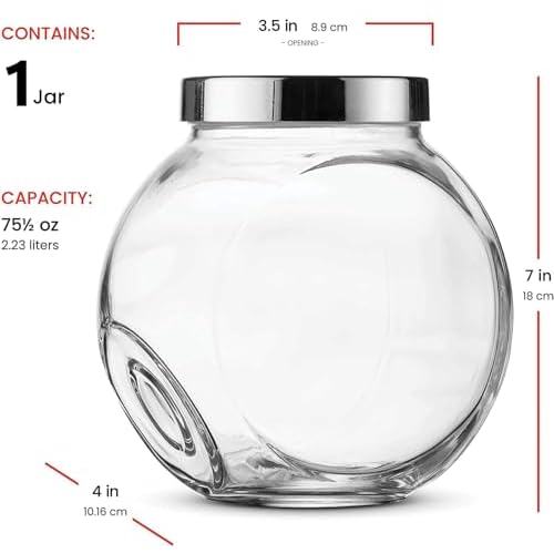 Bormioli Rocco Pandora Glass Candy Jar 75¨ö-Ounce Cookie Jar (2 Pack) with Plastic Airtight Seal Lid 2-Way Display, Bulk-Food Storage Jar for Snacks, Dry Food, Jelly Beans Canister, Apothecary Jars.