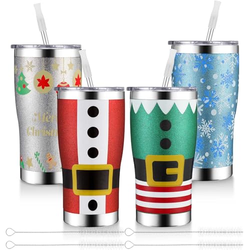 Sieral 4 Pack Christmas Glitter Tumblers 20oz Insulated Travel Mugs with Lids & Straws