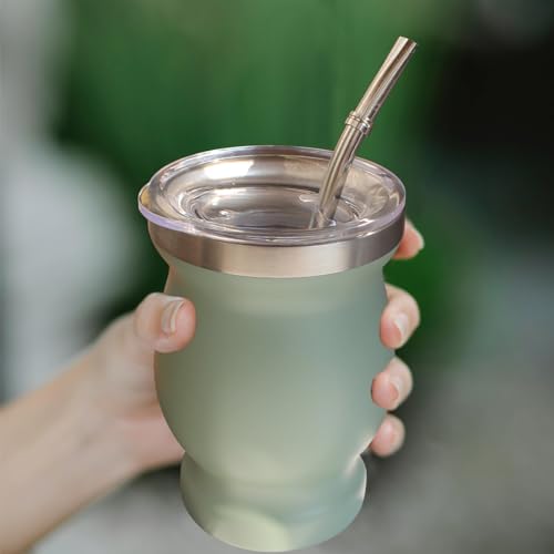 Beruth Green Yerba Mate Gourd Set with 8oz Double Walled Stainless Steel Cup, Multifunctional Lid, 2 Straws & Cleaning Brushes