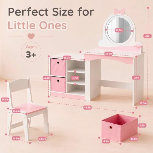 Kids Vanity Set with Lighted Mirror, Dual-Height Dress-Up Station and Chair