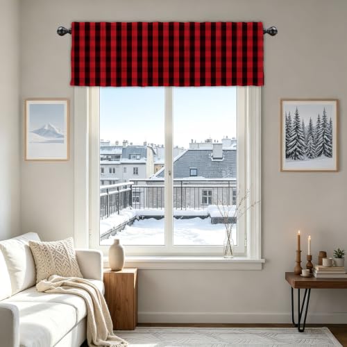 54x18 Inch Christmas Red Black Buffalo Check Valance with Rod Pocket
