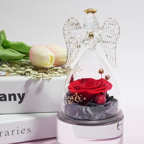 Preserved Real Rose in Glass Angel Figurine - Long-Lasting Floral Gift