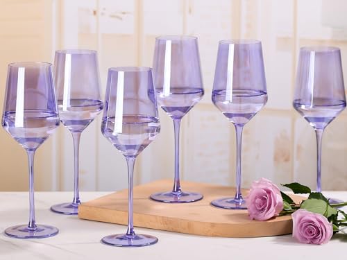 Physkoa Purple 15oz Hand-Blown Crystal Wine Glasses, Set of 6 Stemware