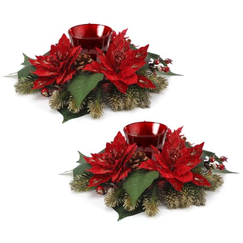 Faux Poinsettia & Berry Christmas Centerpieces Set with Glass Candle Holders, 17.5"