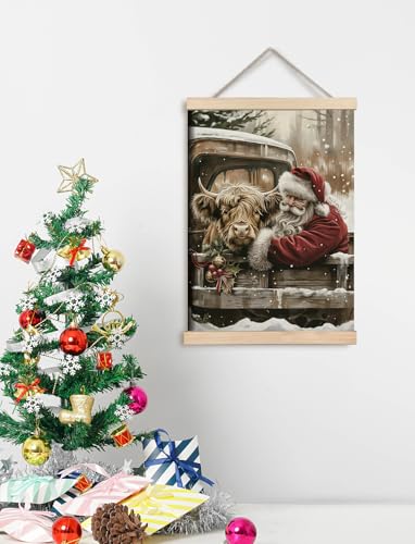 Rustic Highland Cow Santa Wall Art - 12x16 Inches, Farmhouse Christmas Canvas Print (Color 02)
