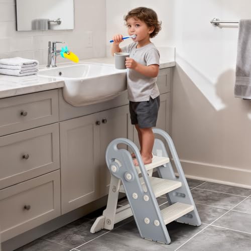 Adjustable Toddler Step Stool, Foldable 3-Step to 2-Step Learning Stool
