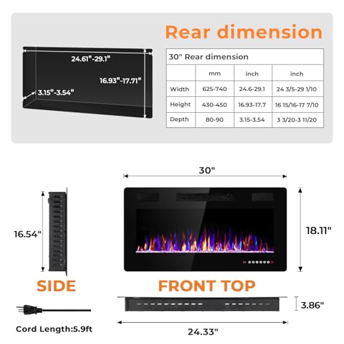 30-Inch Electric Fireplace Wall Mounted & Recessed Heater