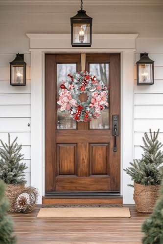 Arborus 24" Artificial Christmas Wreath with Red Candy Accents, Double Ribbon Bows, Pine Cones & Ornaments – White Cedar Base (Variation: Wreath)