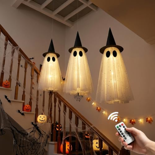 Outdoor Halloween Hanging Ghost Lights with Remote - Set of 3 LED Witch Decor