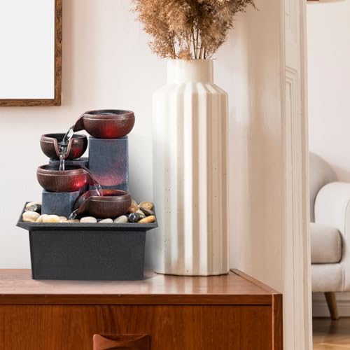 4-Tier Tabletop Indoor Waterfall Fountain with LED Light & River Rocks