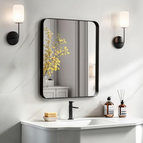 20x16 Inch Rectangular Wall Mirror, Matte Black Aluminum Framed Bathroom Mirror