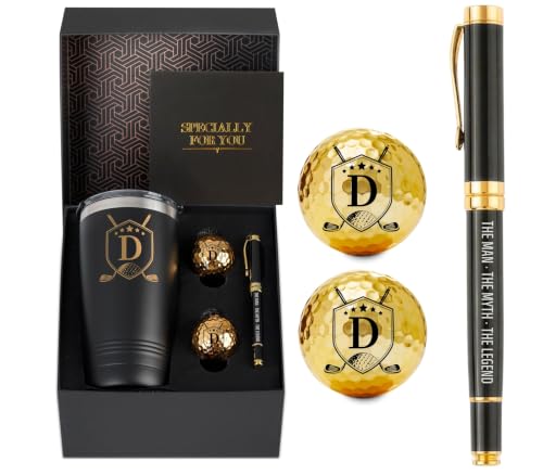Onebttl Initial-D Personalized Golf Gift Set with Tumbler, Gold Golf Balls & Pen