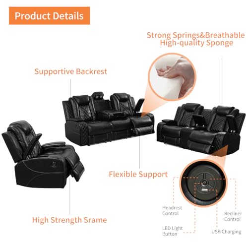 3-Piece Power Reclining Sofa Set with Storage Console and LED Lighting