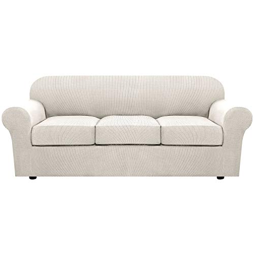 4-Piece Stretch Couch Cover for 3 Cushion Sofa - Thick Jacquard (Ivory)