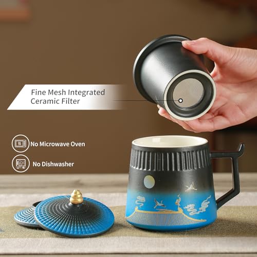 Coolpei Black & Blue Ceramic Tea Cup with Infuser & Lid 14.8oz - Vintage Style Steeping Mug for Tea Lovers Gift