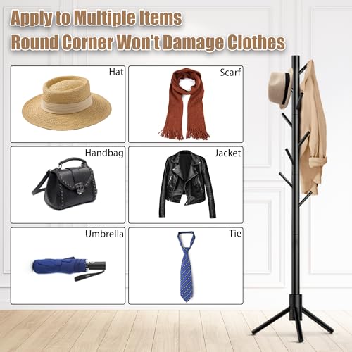 Wooden Coat Rack Stand with 8 Hooks - Adjustable Freestanding Coat Tree for Entryway, Bedroom, Office