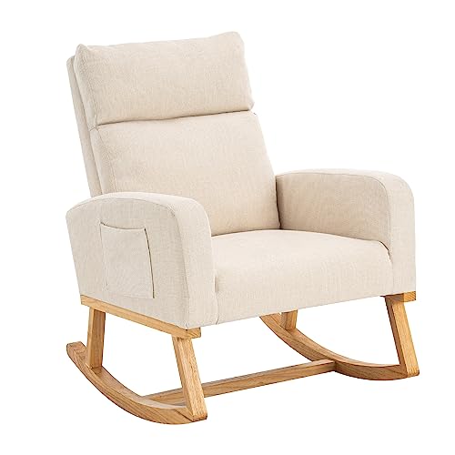 Upholstered Nursery Rocking Chair with High Back and Side Storage Pocket
