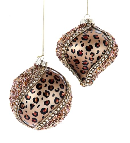 Glass Leopard Print Holiday Ornaments Set of 2 - 100MM Decorative Xmas Balls