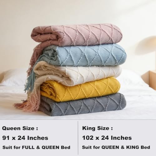 Grey Knit Bed Runner with Tassels (102 x 24 In) for King & Queen Beds