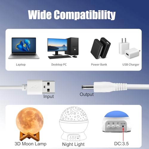USB to DC Charging Cable for Moon Lamp and Star Projector, 5FT