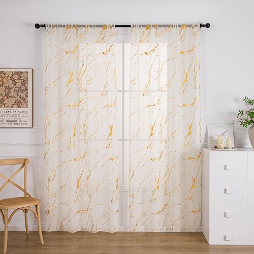 Gold & Cream Sheer Curtains 52 x 96 Inches, Metallic Marble Window Panel, Pack of 2
