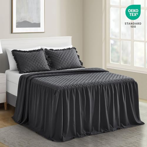 King Size Ruffle Skirt Bedspread 3-Piece Set with 30" Drop, Dark Grey