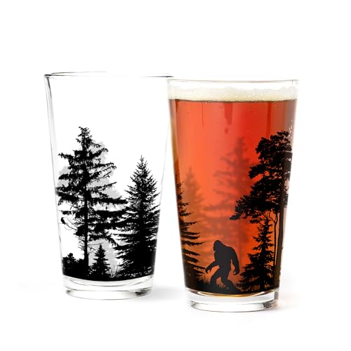 Bigfoot Pint Glass Set - 16oz Rustic Sasquatch Forest Beer Glasses (2 Pack)