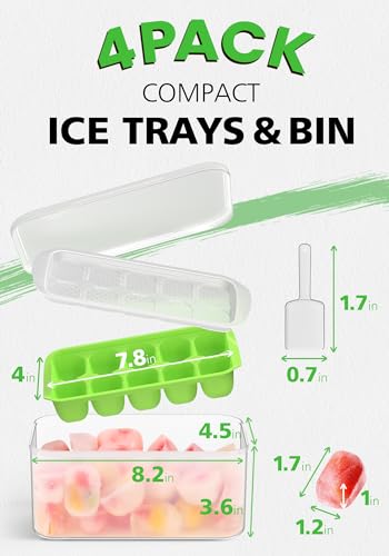 Stackable Silicone Ice Cube Trays with Lid and Bin (4 Pack) with Scoop